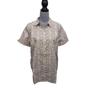 Roamans Button Front Shirt Tan White Geo Print Short Sleeve Womens Plus Size 14W